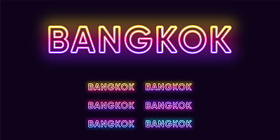 霓虹曼谷之名，泰国首都城市。曼谷城市的霓虹文字。矢量组发光的标题