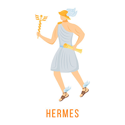 赫尔墨斯平面矢量插图。古希腊神。交易和口才之神。神的使者。神的神话人物。孤立的卡通人物在白色背景