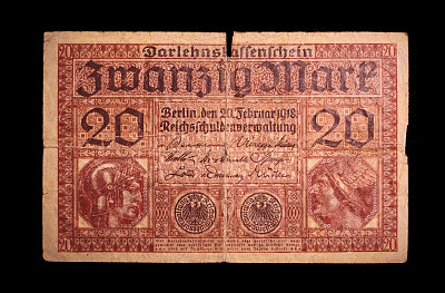 德国马克，正面20马克纸币- 1920 - 1929年的德国纸币