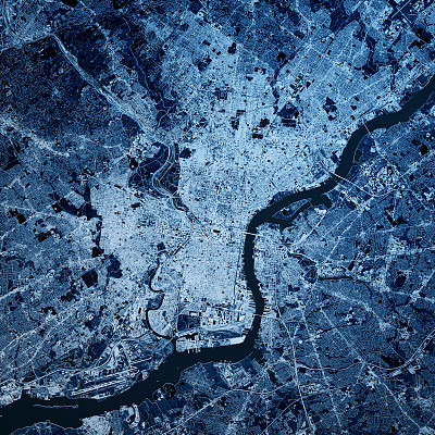 费城宾夕法尼亚州3D渲染地图蓝色顶视图2019年4月