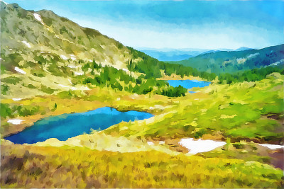 画水彩。数字成油画。水彩山地景观。高山景观位于阿尔泰山喀喇昆仑山初春湖泊。旅行,旅游。