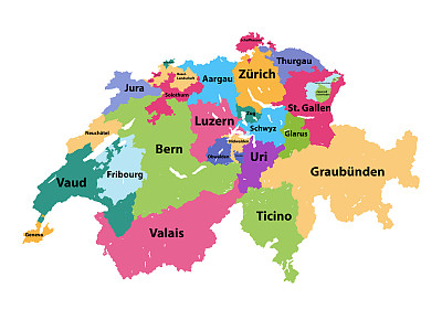 瑞士矢量地图，按州着色