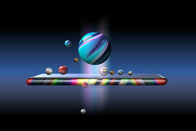一个彩色的球体应用程序，被安置在一个蜂窝形状的智能手机，利用5G无线电波进行复杂和多样的连接。