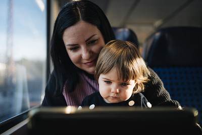 一位年轻的母亲带着她的女儿乘火车旅行