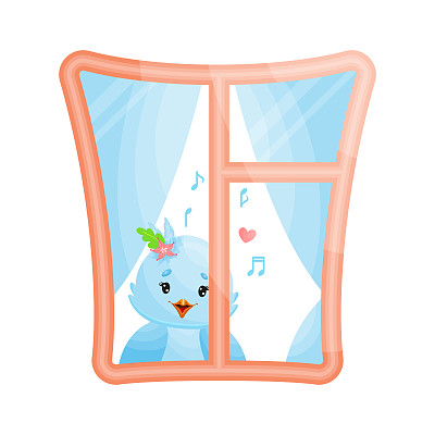 窗中的蓝鸟女孩爱音乐。矢量插图。