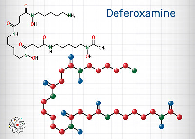 去铁胺，去铁胺B, DFOA, C25H48N6O8分子。它是一种铁螯合剂。结构化学式和分子模型。笼子里的一张纸