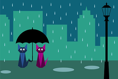 雨中的两只猫。猫在雨中撑着伞。可爱浪漫的场景在城市街道与路灯。