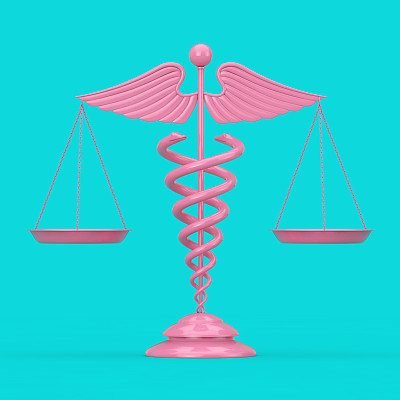 在双色调风格中作为尺度的粉红色医学克德鲁斯符号。3d渲染
