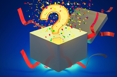 礼品盒内的问号,深蓝色背景的3d渲染