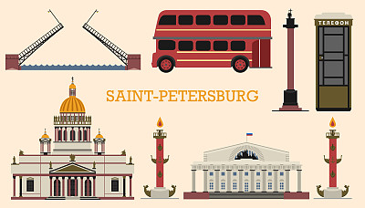 俄罗斯的圣彼得堡。欧洲城市的风格。市内巴士、圣以撒大教堂、电话亭、皇家宫殿桥。旗帜或贴纸的一组元素。收藏古董符号