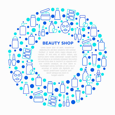 美妆店概念圈中有细线图标:护肤、霜、凝胶、有机化妆品、彩妆、皂液器、指甲护理、美容盒、除臭剂、面油、面膜。矢量插图。
