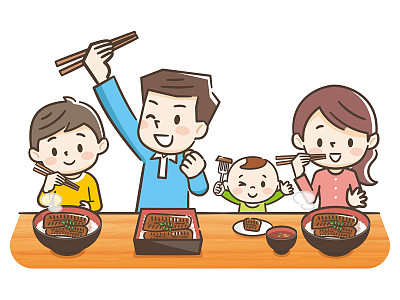 一家人吃鳗鱼菜的插图