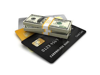 信用卡与美元钞票包- 3D渲染