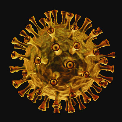 详细的暗橙色病毒细胞结构或孢子分离在黑色上