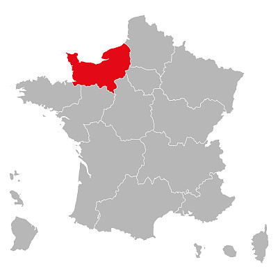 诺曼底地区地图在法国地图矢量上标注为红色。灰色的背景。法国国家地区。