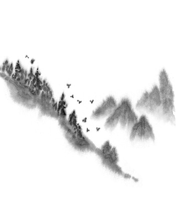 山景在雾中。山坡上。山水一山一水由墨。中国的水墨画。东方，日本，中国风格。光栅股票组成。