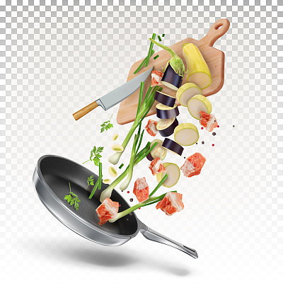 Zucchini, eggplant, chives, slices of raw meat, parsley fall on a frying pan from the kitchen board. The recipe for cooking. Frying, stewing. Vector illustration.