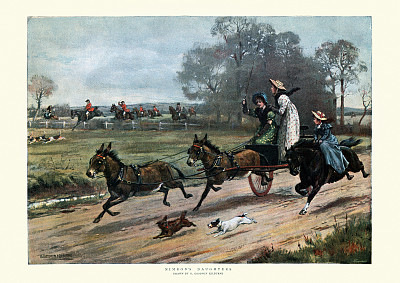 19世纪,年轻的妇女们赶着驴车高速前进 19世纪,年轻的妇女们赶着驴车高速前进