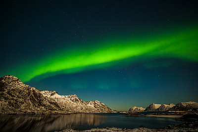 挪威的自然风光，令人惊叹的北极光，北极光越过欧洲北部的山脉——挪威罗浮敦群岛
