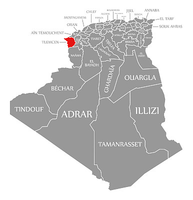 在阿尔及利亚地图上用红色标出的特莱姆森