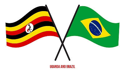 乌干达和巴西旗帜交叉和挥舞扁平风格。官方的比例。正确的颜色
