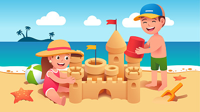 男孩和女孩们坐在和站在沙滩上，在夏天的海滩上建造沙堡。快乐的儿童卡通人物抱着玩具桶一起玩耍。度假休闲。平面向量插图
