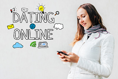 网上约会的概念-女孩在一个白色的背景与文字和图标，智能手机。