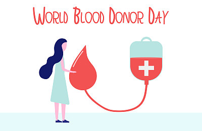 世界献血者日6月14日。捐血理念与女人，血袋和一滴血在一个扁平的风格。