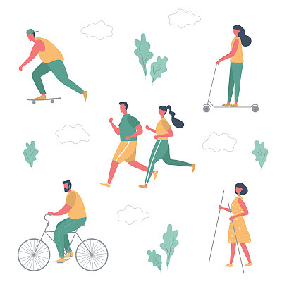 夏天人们在公园里活动。男人和女人跑步，骑自行车，骑电动车，踩滑板，从事北欧步行