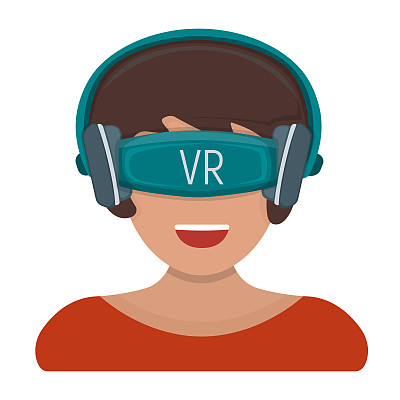 女性在虚拟现实设备与vr眼镜隔离在白色，平面矢量插图。概念娱乐现代科技。