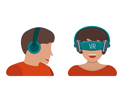 男性在游戏耳机和女性在虚拟现实设备与vr眼镜隔离在白色，平面矢量插图。概念娱乐现代科技。