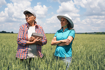 一个农民家庭的肖像，微笑着看着相机，站在麦田中间。农业职业。家族企业。