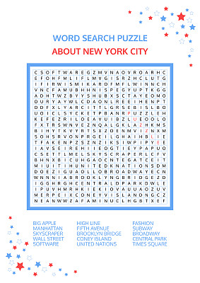 单词搜索难题。关于纽约的游戏。为成人，青少年和儿童的工作表。彩色的打印版本。美国著名的城市。高级复杂性
