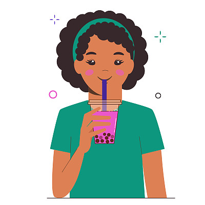 年轻女孩喝珍珠奶茶或珍珠奶茶。台湾著名和流行的饮料与木薯黑珍珠。平面卡通插图上的白色背景。
