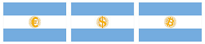 阿根廷国旗、太阳脸换成欧元、美元、比特币符号。阿根廷对欧洲、美国的贸易和加密货币的交易概念