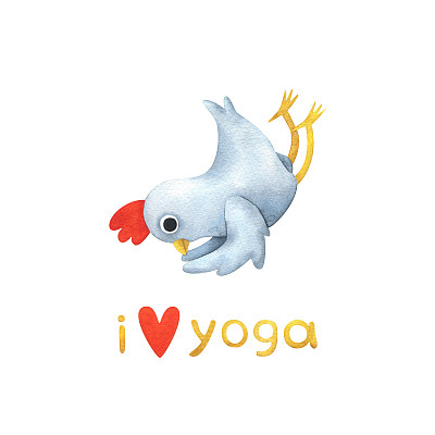 滑稽的瑜伽姿势的白色小鸡。Shal Shalabhasana(蝗虫姿势)和文字“我爱瑜伽”。股票图像可爱的贴纸孤立在一个白色的背景。