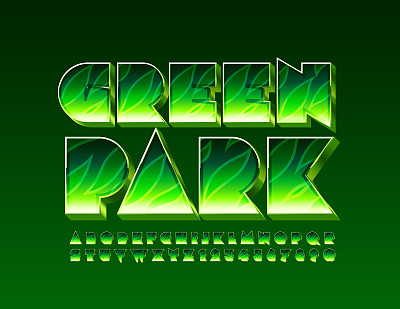 向量创意标志绿色公园与字母和数字与树叶图案