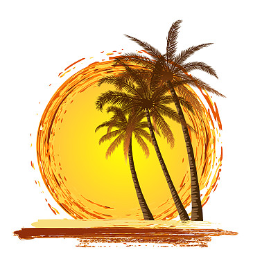 Summer Tropical Sunset With Palm Trees. Retro Grunge Background.