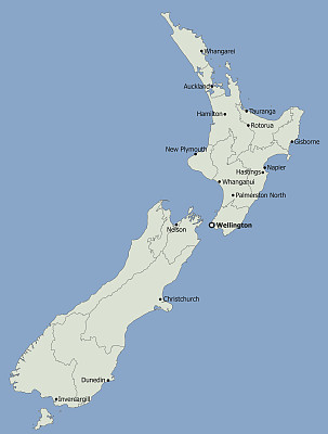 高度详细的政治新西兰地图，主要城市