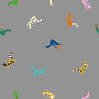 可爱的小蜥蜴无缝图案。彩色的爬行动物在灰色背景的纺织品，墙纸或包装纸设计。——矢量图