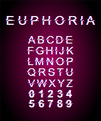 欣快glitch字体模板。复古的未来风格矢量字母设置在紫罗兰的背景。大写字母、数字和符号。幸福感字体设计具有失真效果