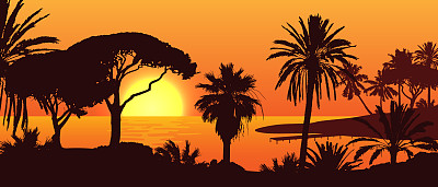 美丽的矢量景观与棕榈树的剪影在一个岛屿上日落。