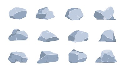 1911. m30.i010.n012.p.c25.1399632638卡通岩石。煤和灰色的石头，平面等距3D巨石和各种形状的悬崖。向量几何多边形集