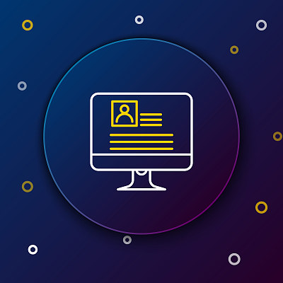 White and yellow line Computer monitor with resume icon on dark blue background. CV application. Searching professional staff. Analyzing personnel resume. Colorful outline concept. Vector Illustration