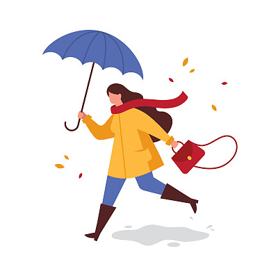 带着伞在雨中奔跑的女孩。