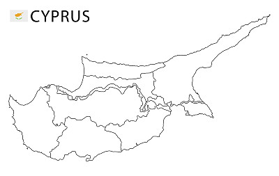 塞浦路斯地图，黑白详细勾勒出该国各地区。