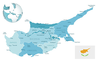 塞浦路斯行政蓝绿地图，有国旗和全球位置。