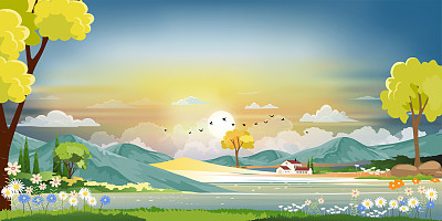 矢量插图美丽的早晨在春天的田野景观与绿色的山，湖，谷仓与蓝天和云彩，平面卡通风格的背景为春天和夏天的横幅
