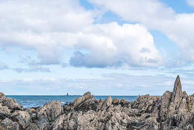 裸露的砂岩，覆盖着苔藓，在海岸边