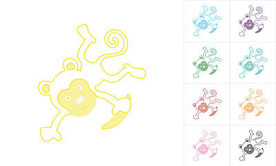 古怪，可爱和有趣的极简主义黄色猴子素描，字符孤立在白色背景在多种颜色，矢量插图
